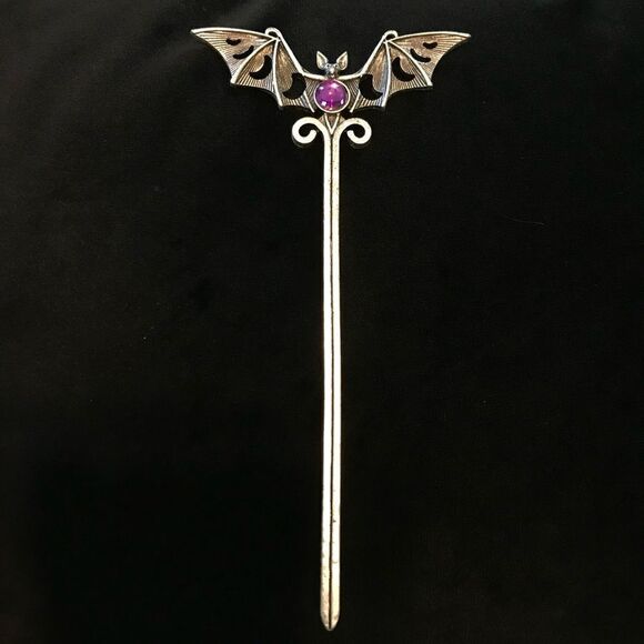 Gothic Bat Hair Accessory, Purple Stone accent, Antique silver tone, Moo… - Picture 2 of 5